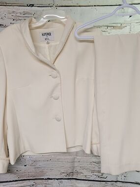 Kasper for A.S.L. Ivory 2 Piece Skirt Suit Size 16 Beaded Trim Career Formal
